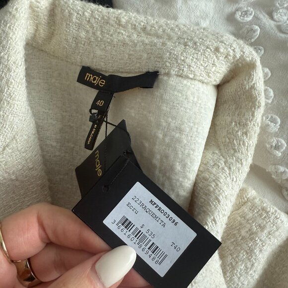 NWT Maje Raquemita Mini Dress Ecru Tweed Shirt Collar Front Button Short Sleeves - Picture 3 of 9